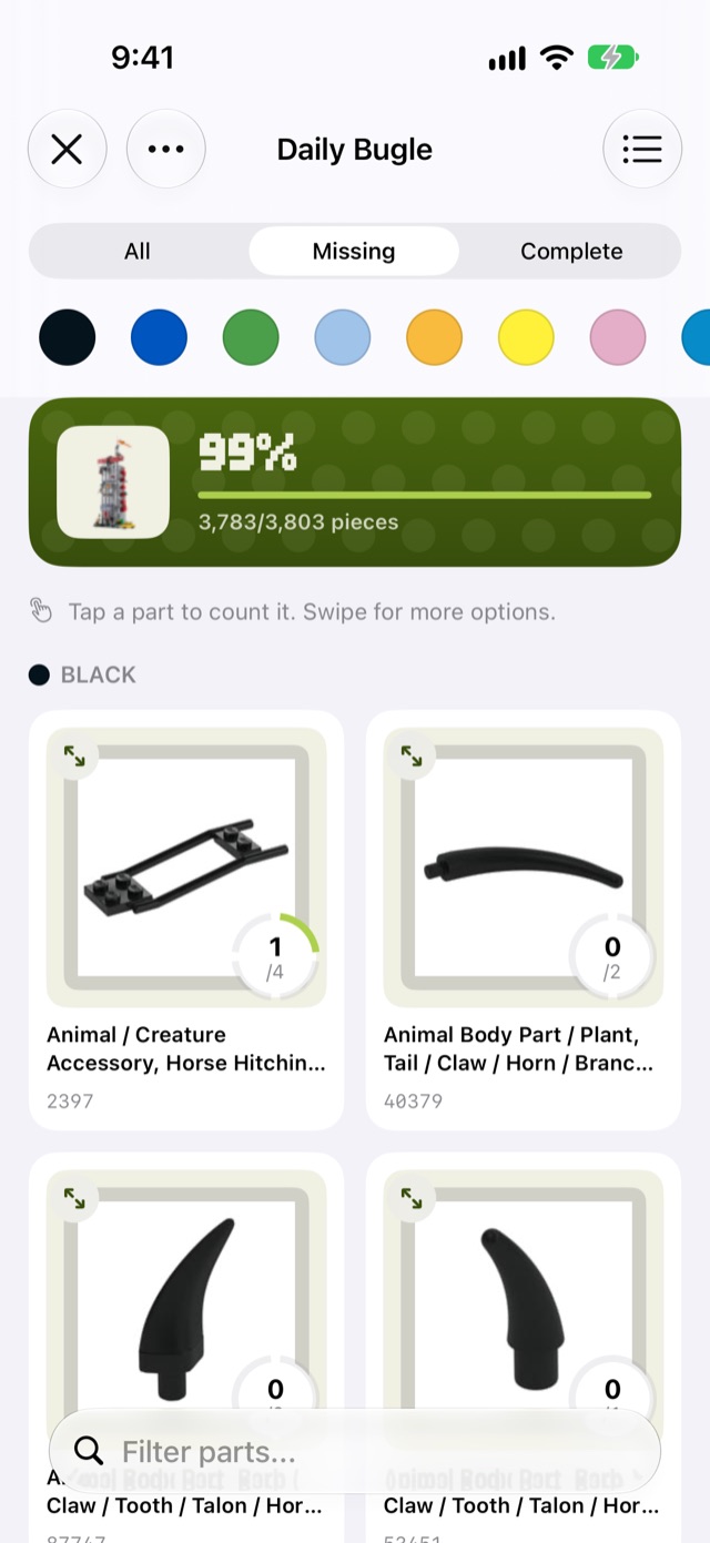 Afolio's parts checklist on iPhone for the Daily Bugle set, filtered to Missing, showing 3,783 of 3,803 pieces counted and the black parts still needed, each with how many you have out of how many the set needs.