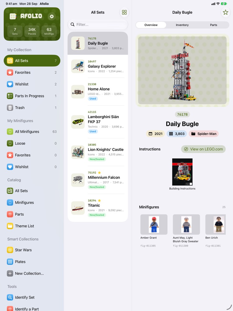 Afolio on iPad with a sidebar, the list of sets in the collection, and details for the Daily Bugle