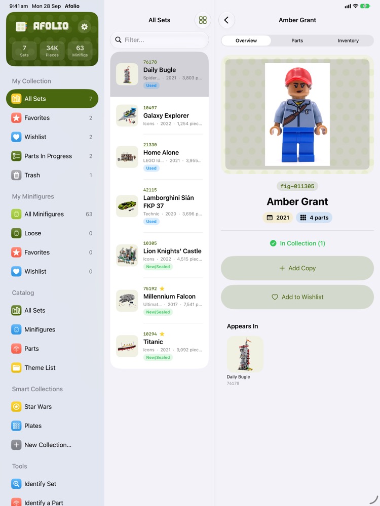 Minifigure details on iPad showing which sets the figure appears in