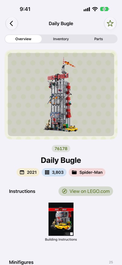 Set details for the Daily Bugle on iPhone with year, piece count, theme and building instructions