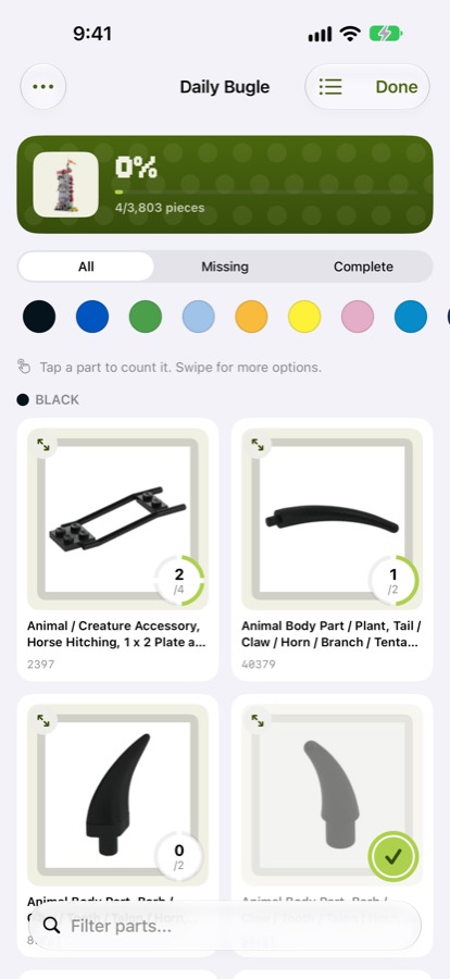 Parts checklist on iPhone in grid view, with a progress ring on each part and colour filters
