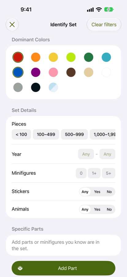 Identify a Set on iPhone, narrowing the catalog by dominant colours, piece count, year and minifigures