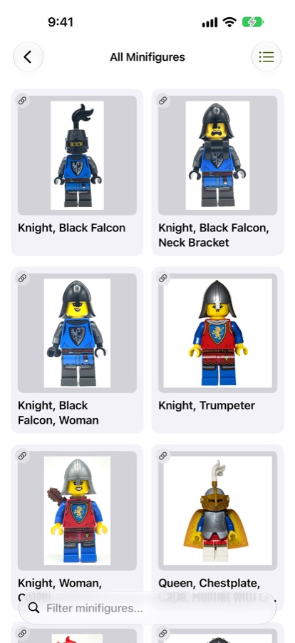 Minifigure catalog on iPhone showing Black Falcon knights in a grid of large pictures