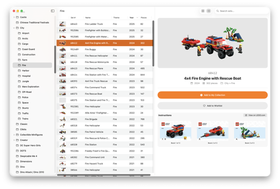 Browsing LEGO sets by theme with search results and set details