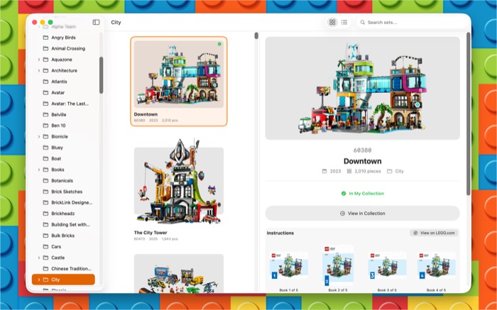 Browsing LEGO sets by theme with search results and set details