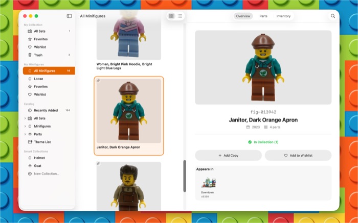 Minifigure collection browser with inventory tracking