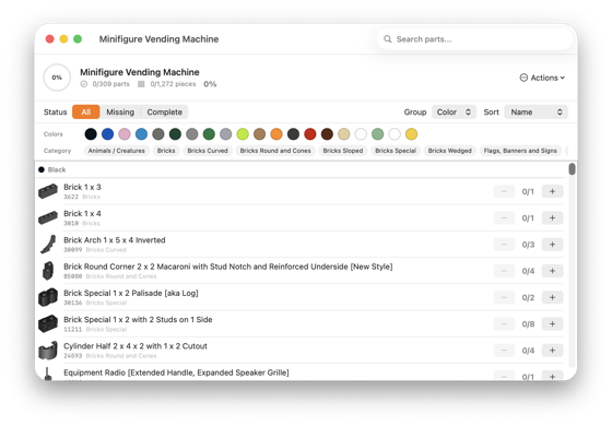 Parts checklist with color filtering and category tabs