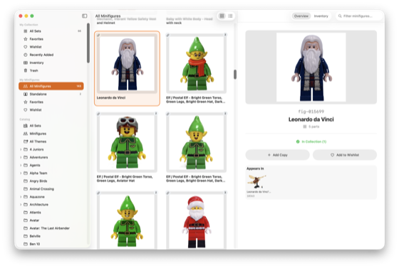 Minifigure collection browser with inventory tracking