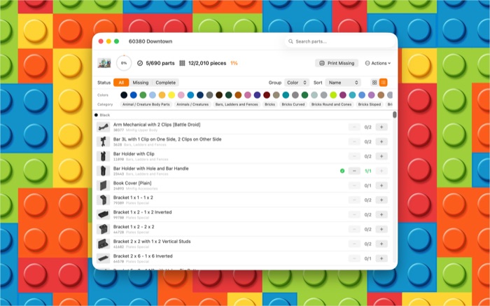 Parts checklist with color filtering and category tabs